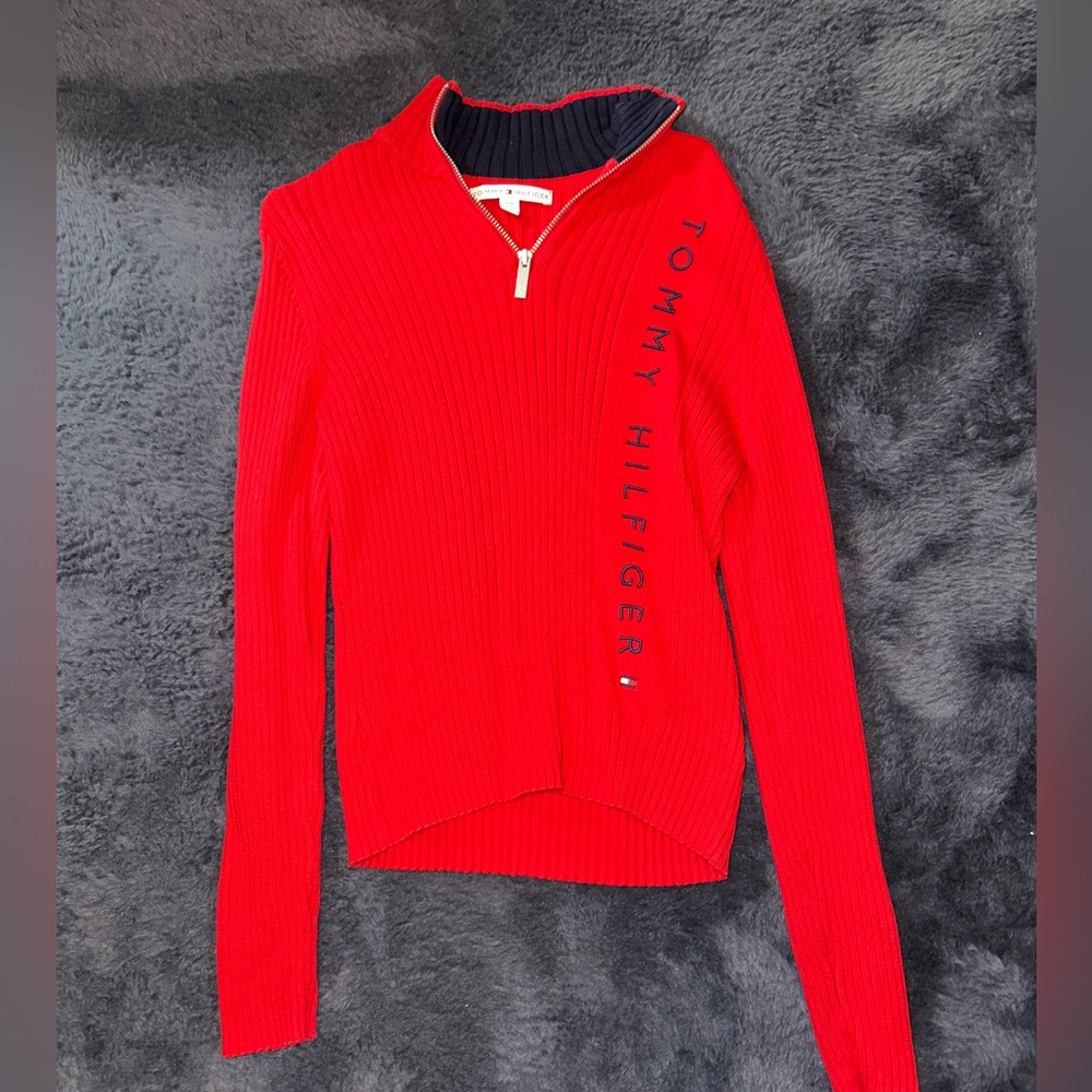 Tommy Hilfiger sweater women XL red logo embroidered 1/4 zip ribbed knit cotton